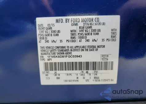 2015 Ford Explorer Xlt from USA, damaged, VIN 1FM5K8D81FGC03943